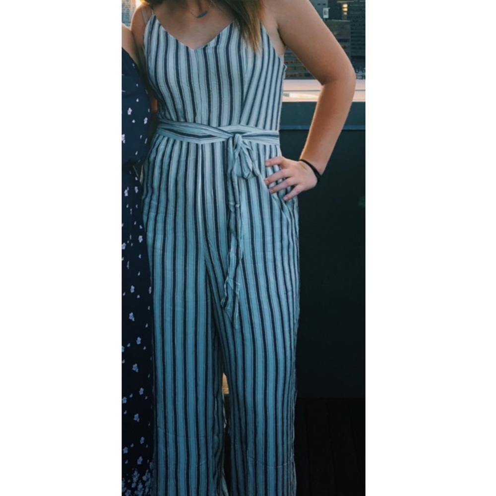 Navy and White Striped Pantsuit